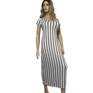 Discreet Striped Maxi Dress Blue White Cap Sleeve Bodycon Knit Stretch XL